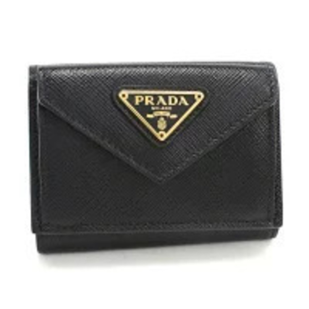 Prada Tri fold Wallet Coin Compact Saffiano Triangle Black